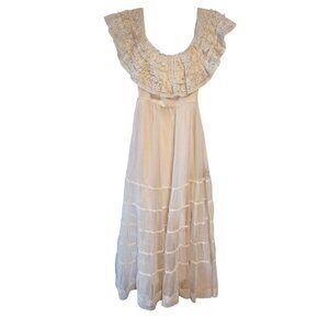Vtg Lorrie Deb Off White Lace Ruffle Chiffon Lace Dress Union Made Romantic READ